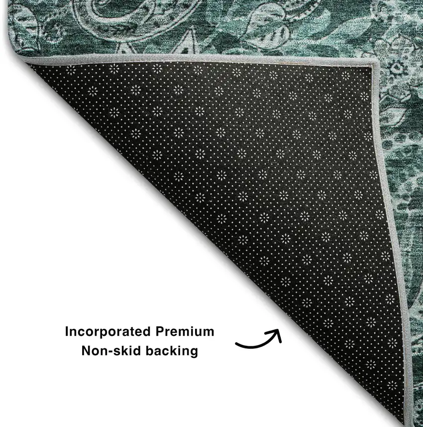 8' Teal Charcoal And Ivory Paisley Washable Round Rug With UV Protection Photo 5