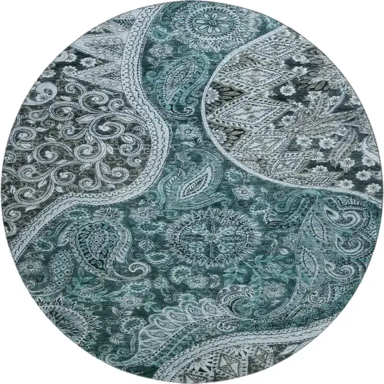 8' Teal Charcoal And Ivory Paisley Washable Round Rug With UV Protection Photo 1