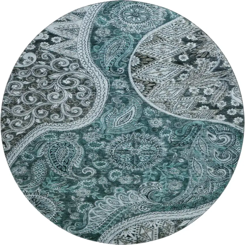 8' Teal Charcoal And Ivory Paisley Washable Round Rug With UV Protection Photo 1
