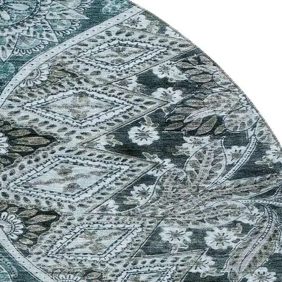 8' Teal Charcoal And Ivory Paisley Washable Round Rug With UV Protection Photo 2