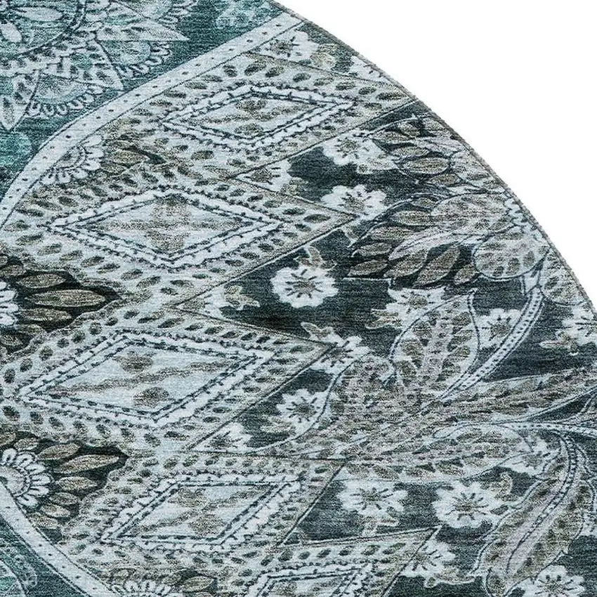 8' Teal Charcoal And Ivory Paisley Washable Round Rug With UV Protection Photo 2