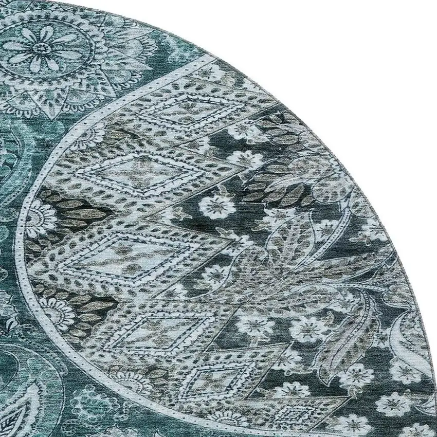 8' Teal Charcoal And Ivory Paisley Washable Round Rug With UV Protection Photo 3