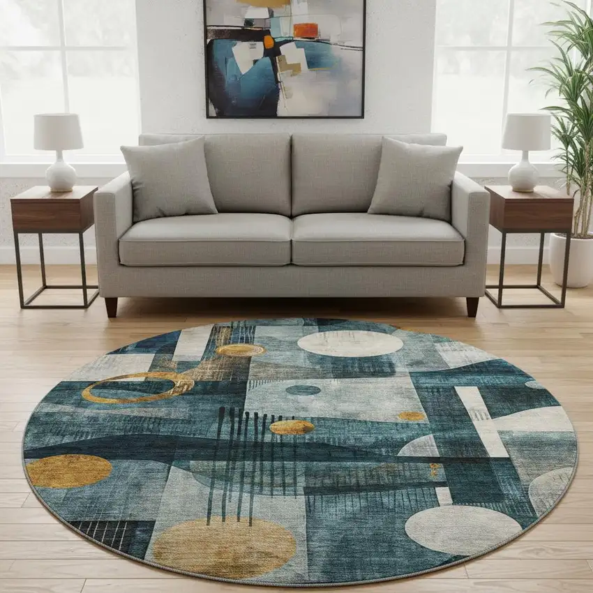 8' Teal Copper And Beige Abstract Geometric Washable Round Rug With UV Protection Photo 2