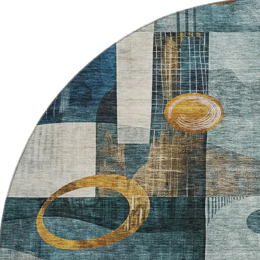 8' Teal Copper And Beige Abstract Geometric Washable Round Rug With UV Protection Photo 3