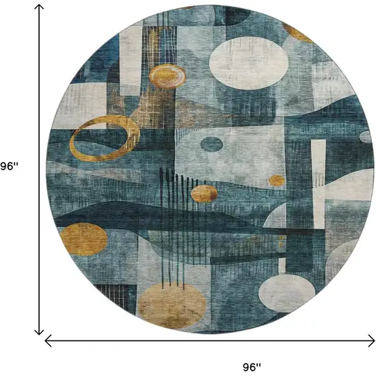 8' Teal Copper And Beige Abstract Geometric Washable Round Rug With UV Protection Photo 9