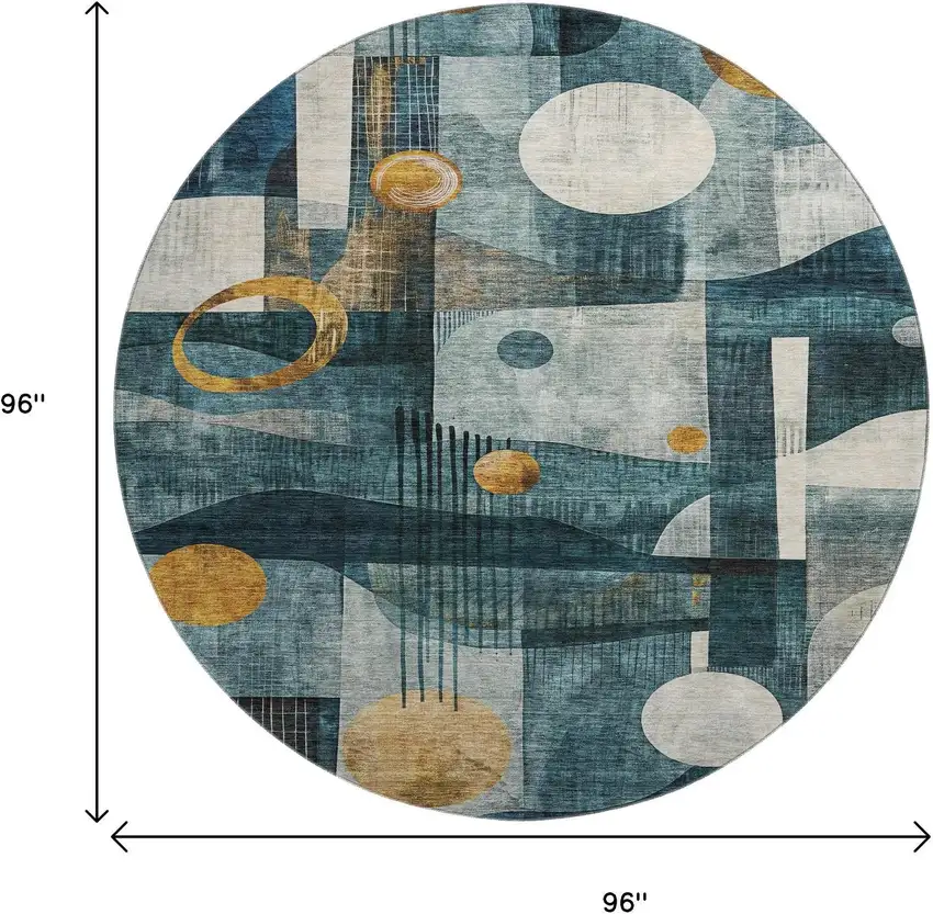 8' Teal Copper And Beige Abstract Geometric Washable Round Rug With UV Protection Photo 9