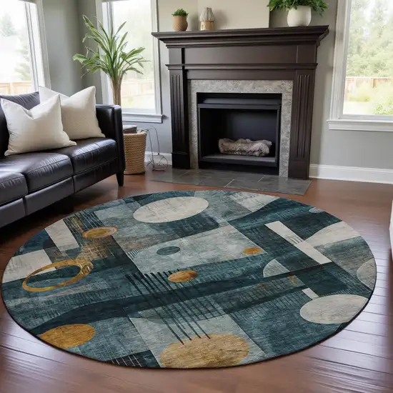8' Teal Copper And Beige Abstract Geometric Washable Round Rug With UV Protection Photo 4