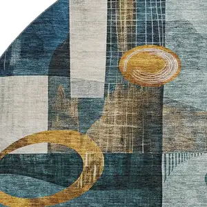 Photo of 8' Teal Copper And Beige Abstract Geometric Washable Round Rug With UV Protection
