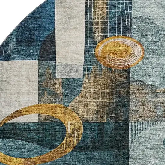 8' Teal Copper And Beige Abstract Geometric Washable Round Rug With UV Protection Photo 2