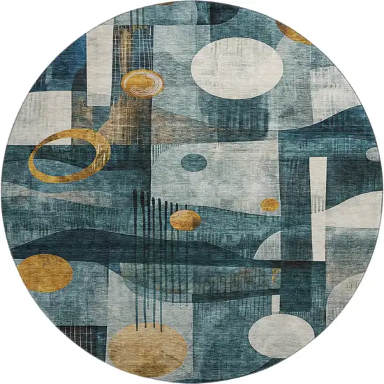 8' Teal Copper And Beige Abstract Geometric Washable Round Rug With UV Protection Photo 1