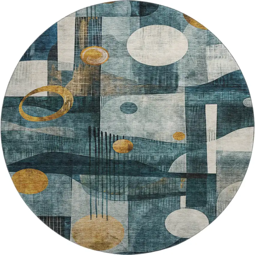 8' Teal Copper And Beige Abstract Geometric Washable Round Rug With UV Protection Photo 1