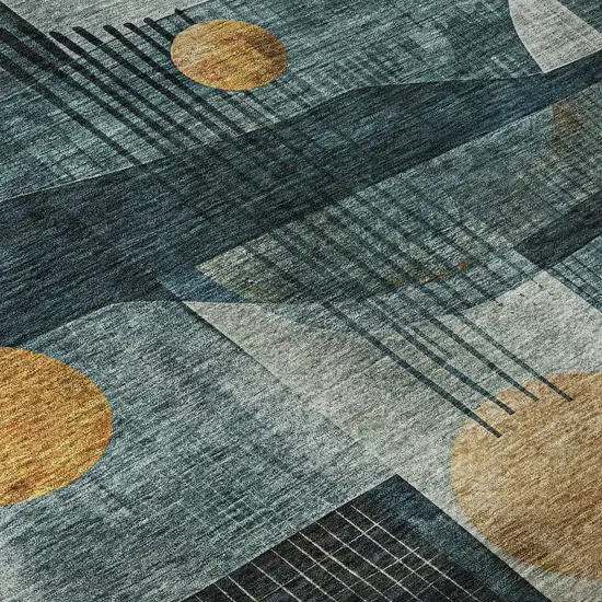 8' Teal Copper And Beige Abstract Geometric Washable Round Rug With UV Protection Photo 8