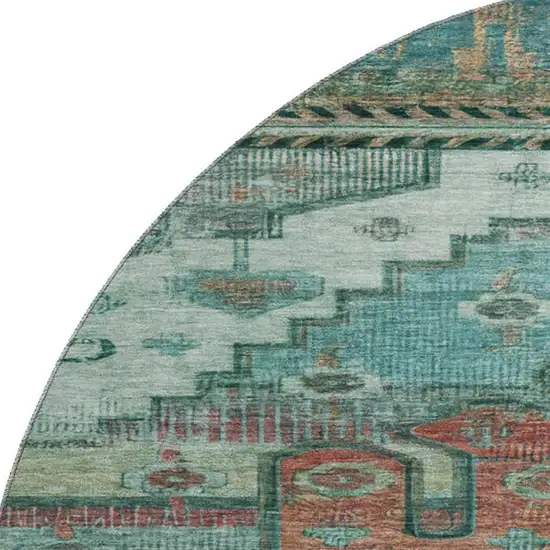 8' Teal Copper And Gold Oriental Washable Round Rug With UV Protection Photo 2