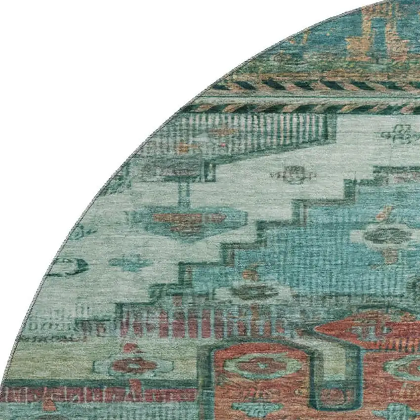 8' Teal Copper And Gold Oriental Washable Round Rug With UV Protection Photo 2