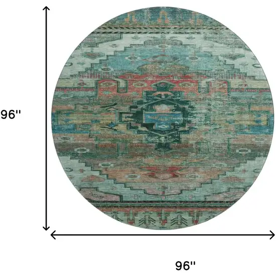 8' Teal Copper And Gold Oriental Washable Round Rug With UV Protection Photo 9