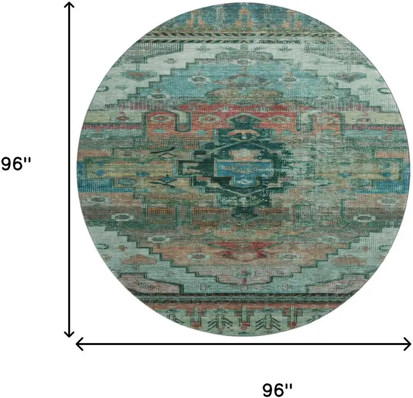 8' Teal Copper And Gold Oriental Washable Round Rug With UV Protection Photo 9