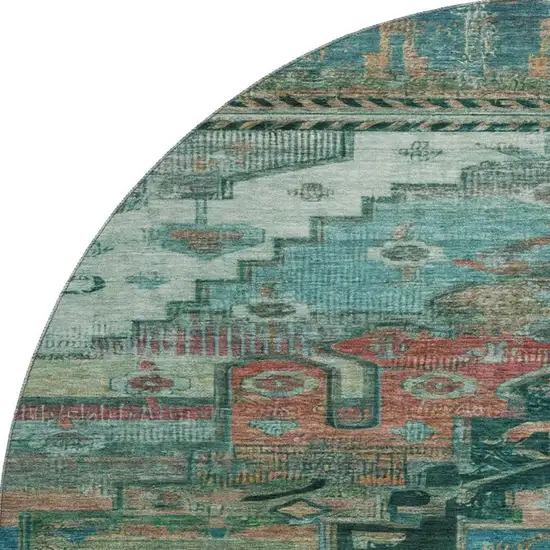 8' Teal Copper And Gold Oriental Washable Round Rug With UV Protection Photo 3