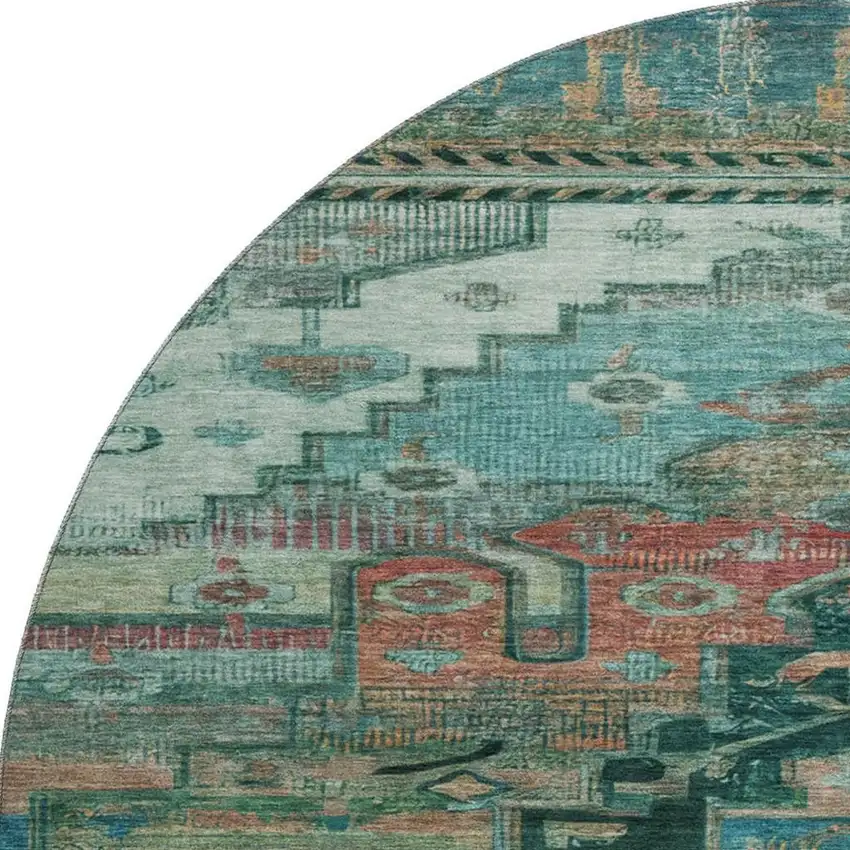 8' Teal Copper And Gold Oriental Washable Round Rug With UV Protection Photo 3