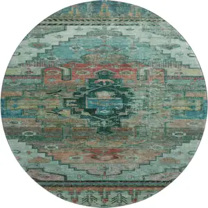 Photo of 8' Teal Copper And Gold Oriental Washable Round Rug With UV Protection
