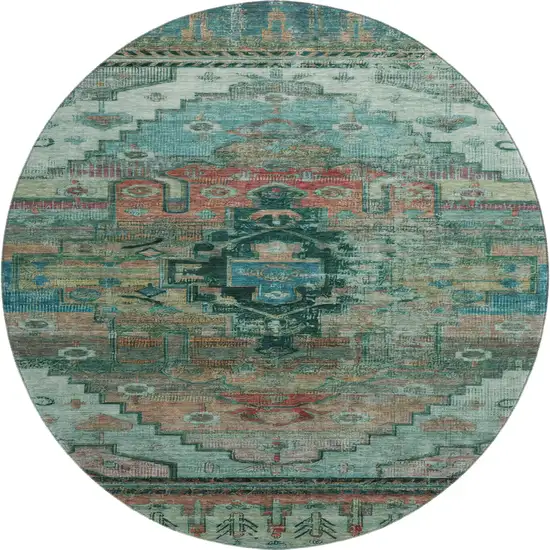 8' Teal Copper And Gold Oriental Washable Round Rug With UV Protection Photo 1