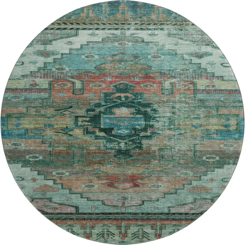 8' Teal Copper And Gold Oriental Washable Round Rug With UV Protection Photo 1