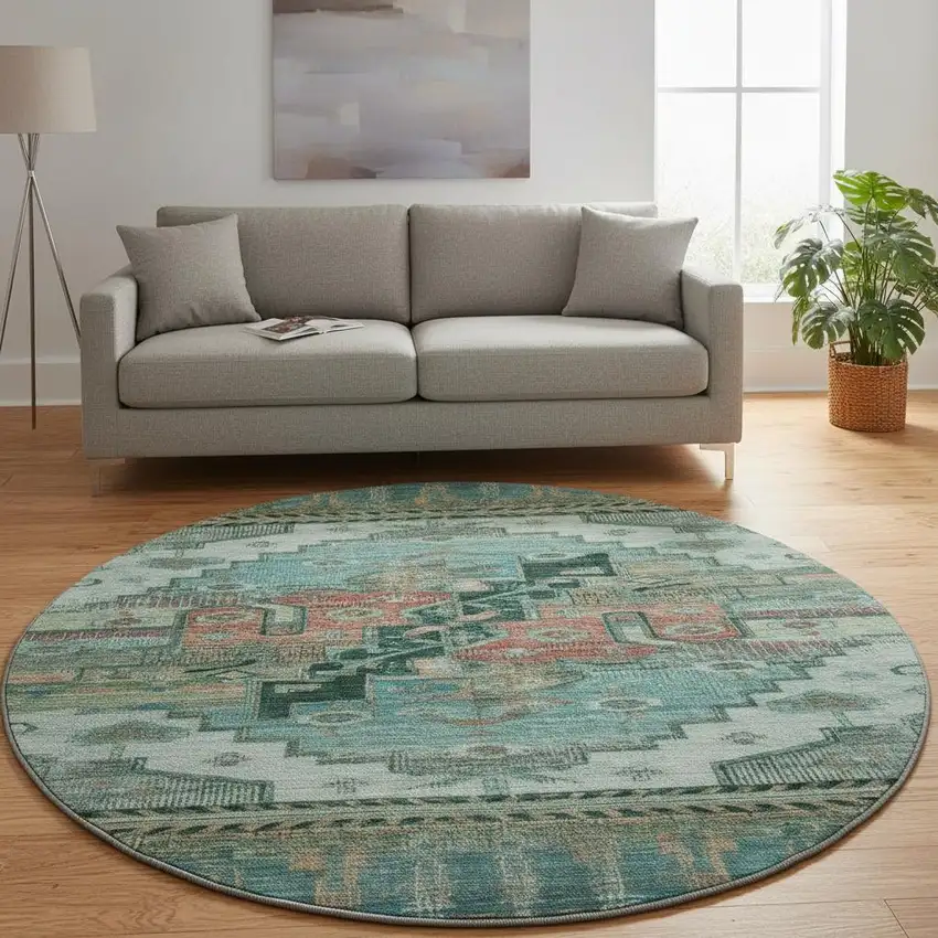 8' Teal Copper And Gold Oriental Washable Round Rug With UV Protection Photo 2