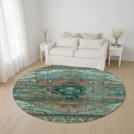 8' Teal Copper And Gold Oriental Washable Round Rug With UV Protection Photo 4