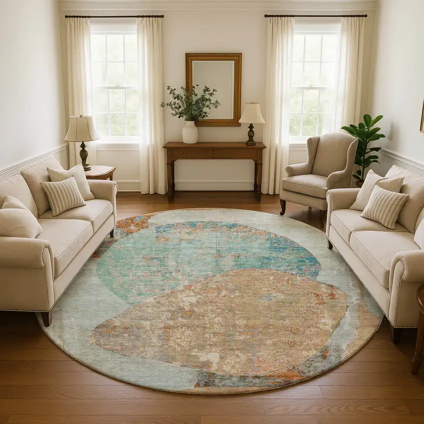 8' Teal Copper And Gray Abstract Washable Round Rug With UV Protection Photo 4
