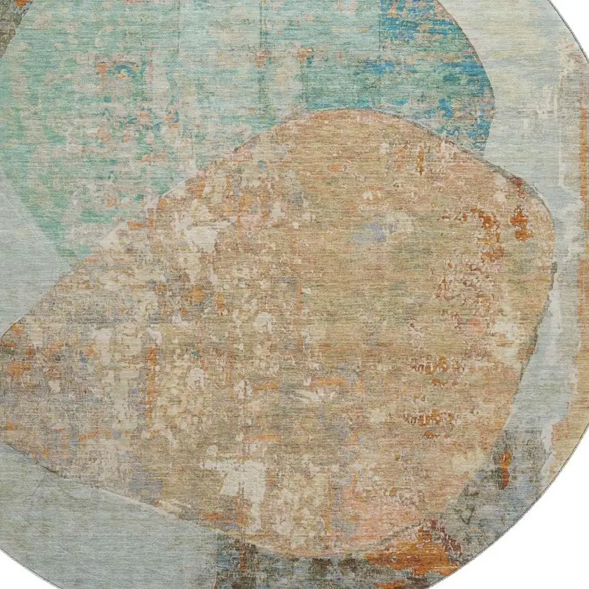 8' Teal Copper And Gray Abstract Washable Round Rug With UV Protection Photo 2