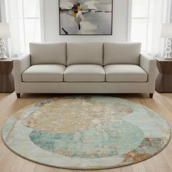 8' Teal Copper And Gray Abstract Washable Round Rug With UV Protection Photo 2