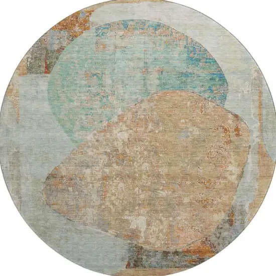 8' Teal Copper And Gray Abstract Washable Round Rug With UV Protection Photo 3