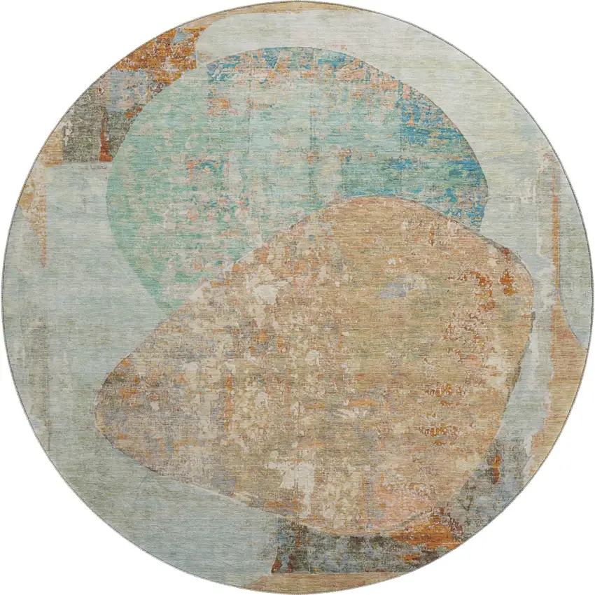 8' Teal Copper And Gray Abstract Washable Round Rug With UV Protection Photo 1