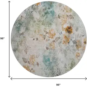 Photo of 8' Teal Copper And Ivory Floral Washable Round Rug With UV Protection