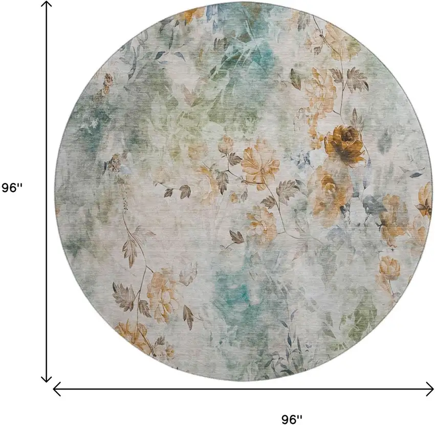 8' Teal Copper And Ivory Floral Washable Round Rug With UV Protection Photo 6
