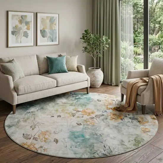 8' Teal Copper And Ivory Floral Washable Round Rug With UV Protection Photo 1