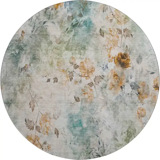 8' Teal Copper And Ivory Floral Washable Round Rug With UV Protection Photo 1