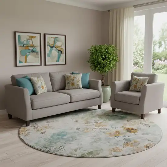 8' Teal Copper And Ivory Floral Washable Round Rug With UV Protection Photo 1
