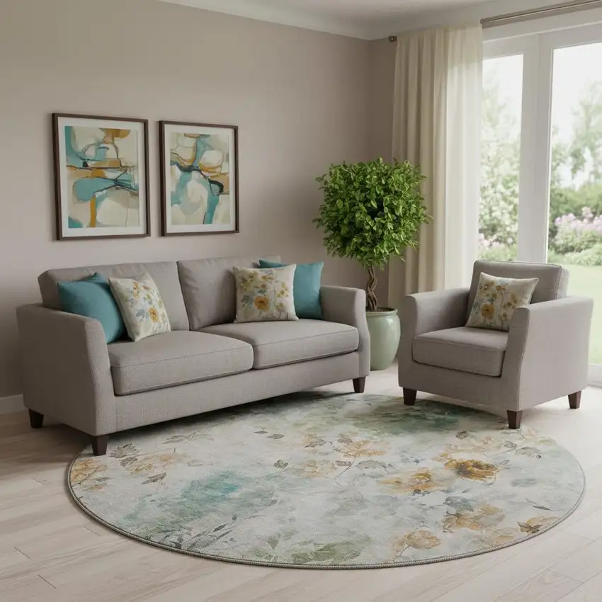 8' Teal Copper And Ivory Floral Washable Round Rug With UV Protection Photo 1