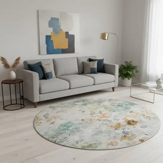 8' Teal Copper And Ivory Floral Washable Round Rug With UV Protection Photo 2