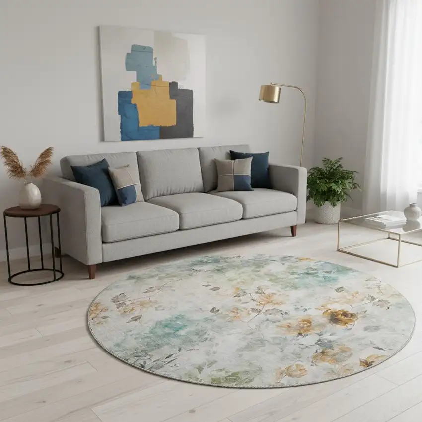 8' Teal Copper And Ivory Floral Washable Round Rug With UV Protection Photo 2