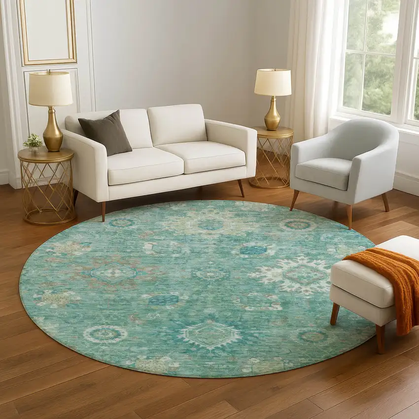 8' Teal Copper And Ivory Oriental Washable Round Rug With UV Protection Photo 5