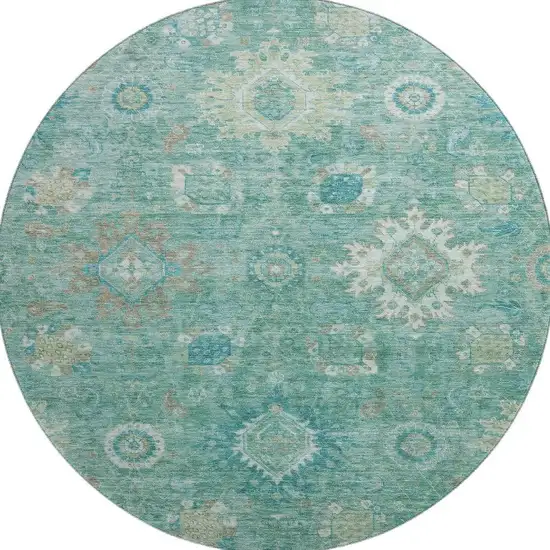 8' Teal Copper And Ivory Oriental Washable Round Rug With UV Protection Photo 3