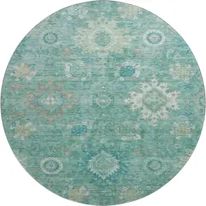 Photo of 8' Teal Copper And Ivory Oriental Washable Round Rug With UV Protection