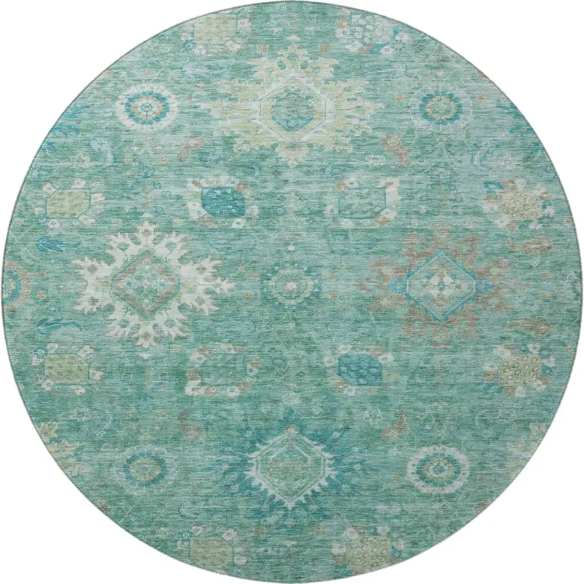 8' Teal Copper And Ivory Oriental Washable Round Rug With UV Protection Photo 4