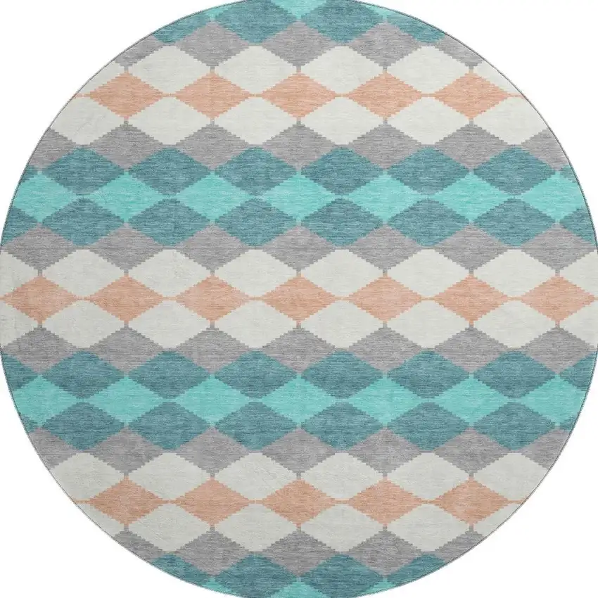 8' Teal Coral And Ivory Geometric Washable Round Rug With UV Protection Photo 3