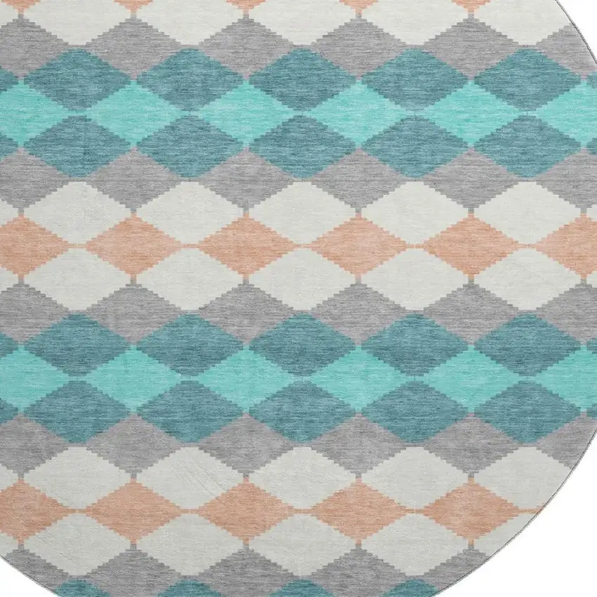 8' Teal Coral And Ivory Geometric Washable Round Rug With UV Protection Photo 2