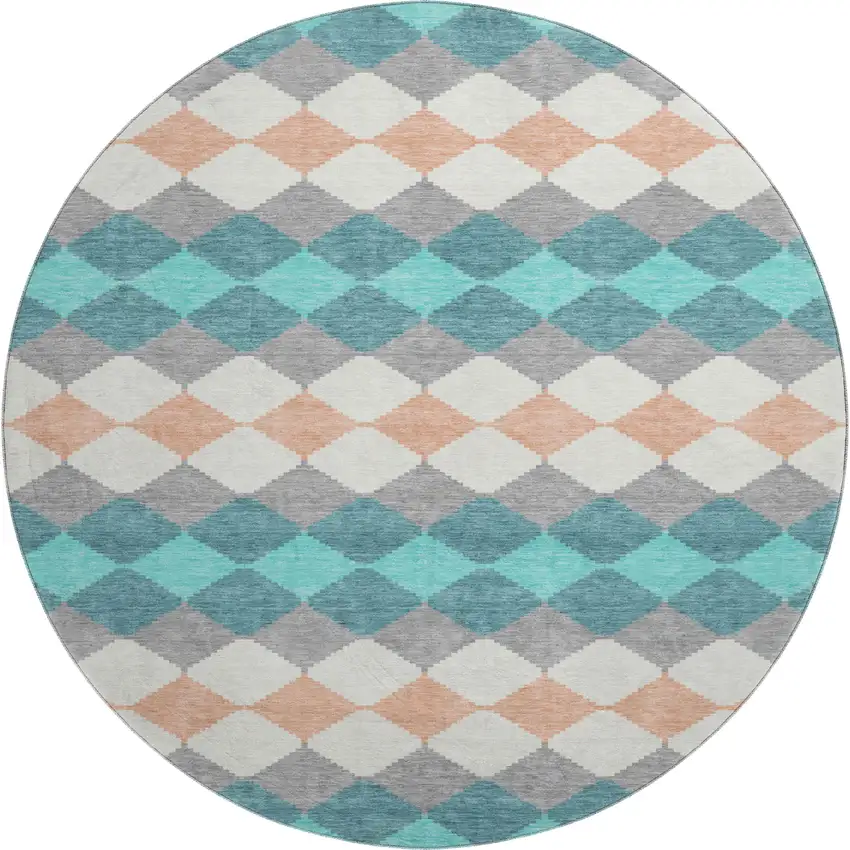 8' Teal Coral And Ivory Geometric Washable Round Rug With UV Protection Photo 1