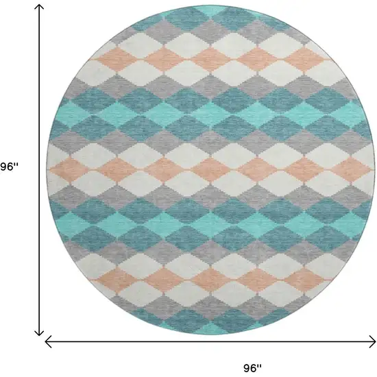 8' Teal Coral And Ivory Geometric Washable Round Rug With UV Protection Photo 9