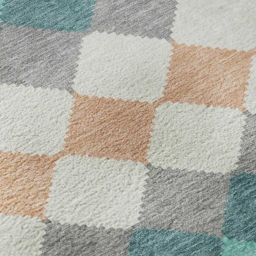 8' Teal Coral And Ivory Geometric Washable Round Rug With UV Protection Photo 8