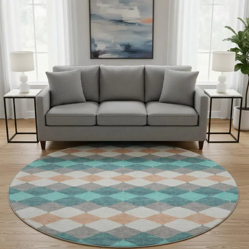 8' Teal Coral And Ivory Geometric Washable Round Rug With UV Protection Photo 2